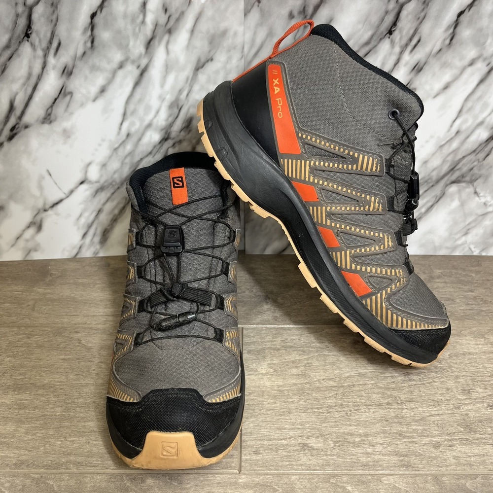 Salomon XA Pro V8 Mid CSWP J Boys Hiking Boots Shoes Sneakers Grey Orange Size 4